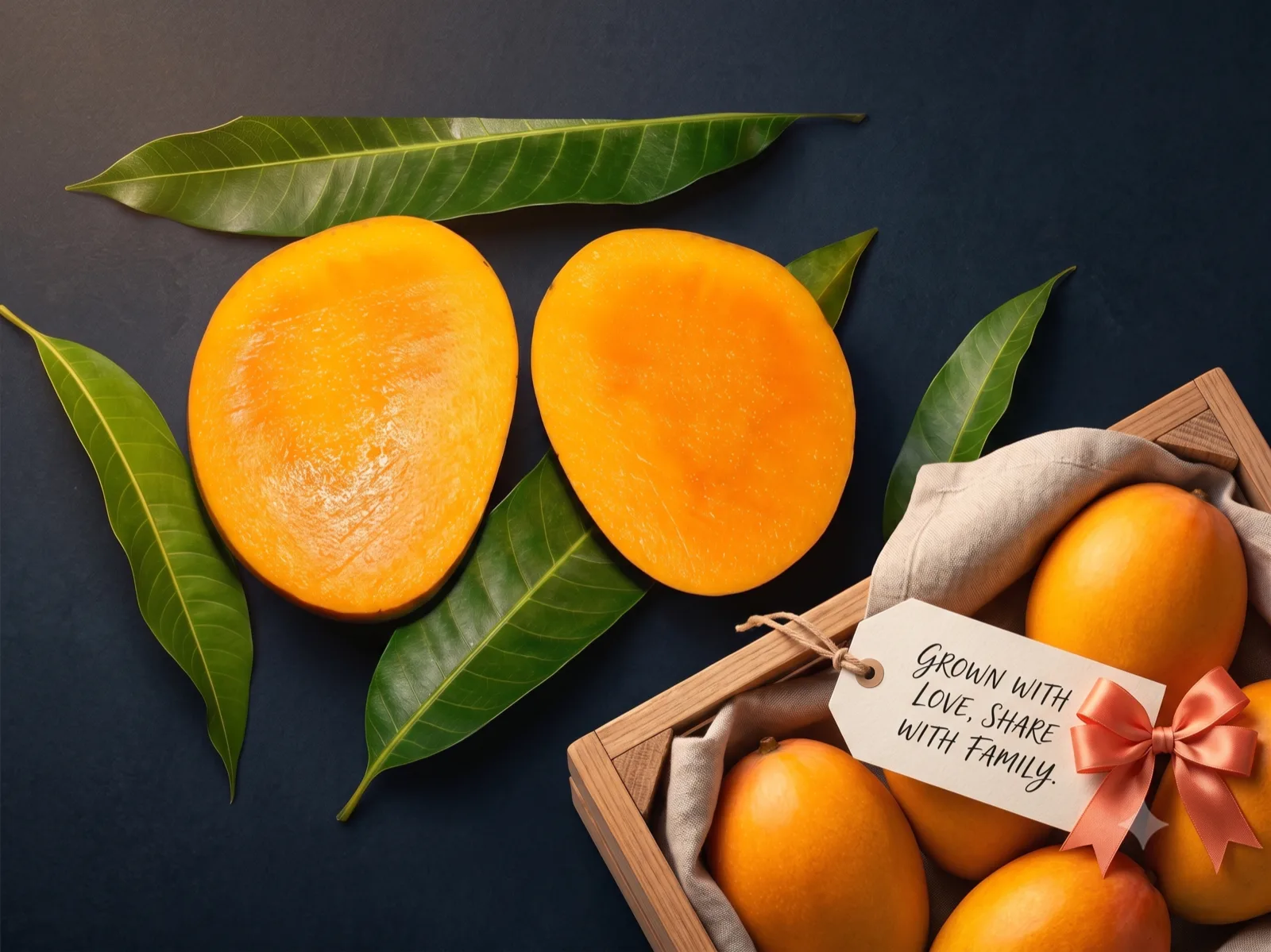 Ripe mangoes in a gift crate with a tag reading grown with love, share with family